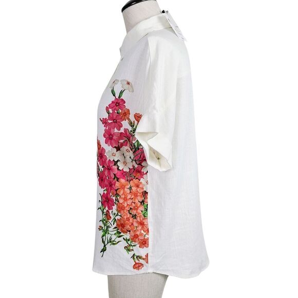 NEW Desigual blouse S Cream Pink Floral Linen Blend Buttoned Short Sleeve Top - Picture 3 of 11
